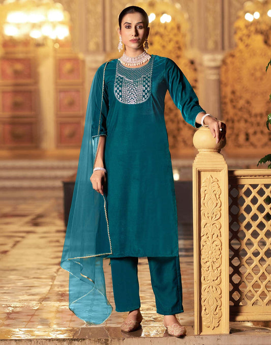 Velvet Sequins, Embroidery and Gota Lace Straight Kurta with Pant & Dupatta