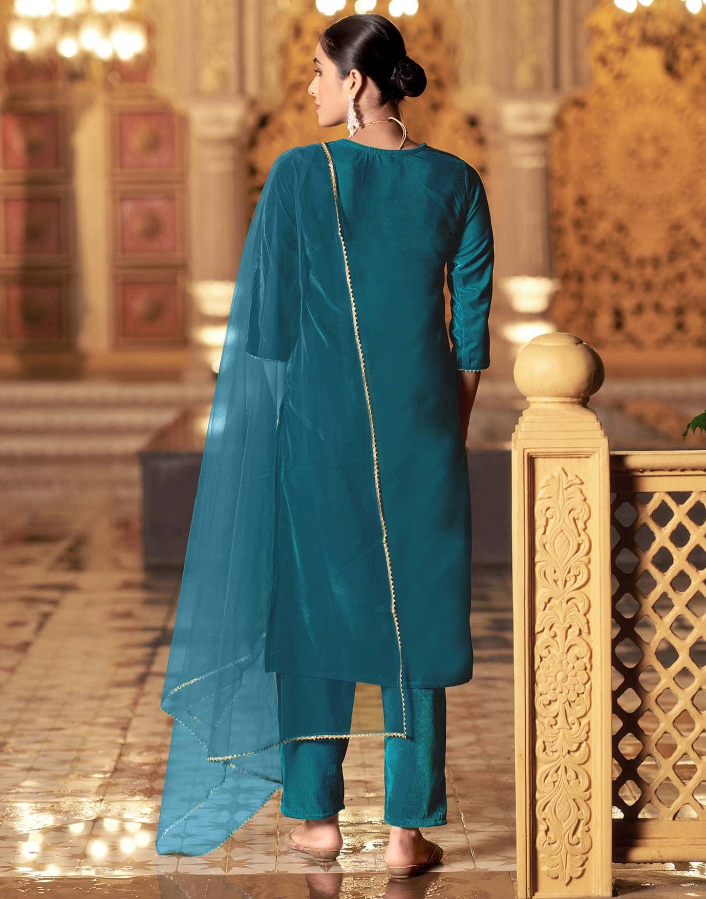 Velvet Sequins, Embroidery and Gota Lace Straight Kurta with Pant & Dupatta