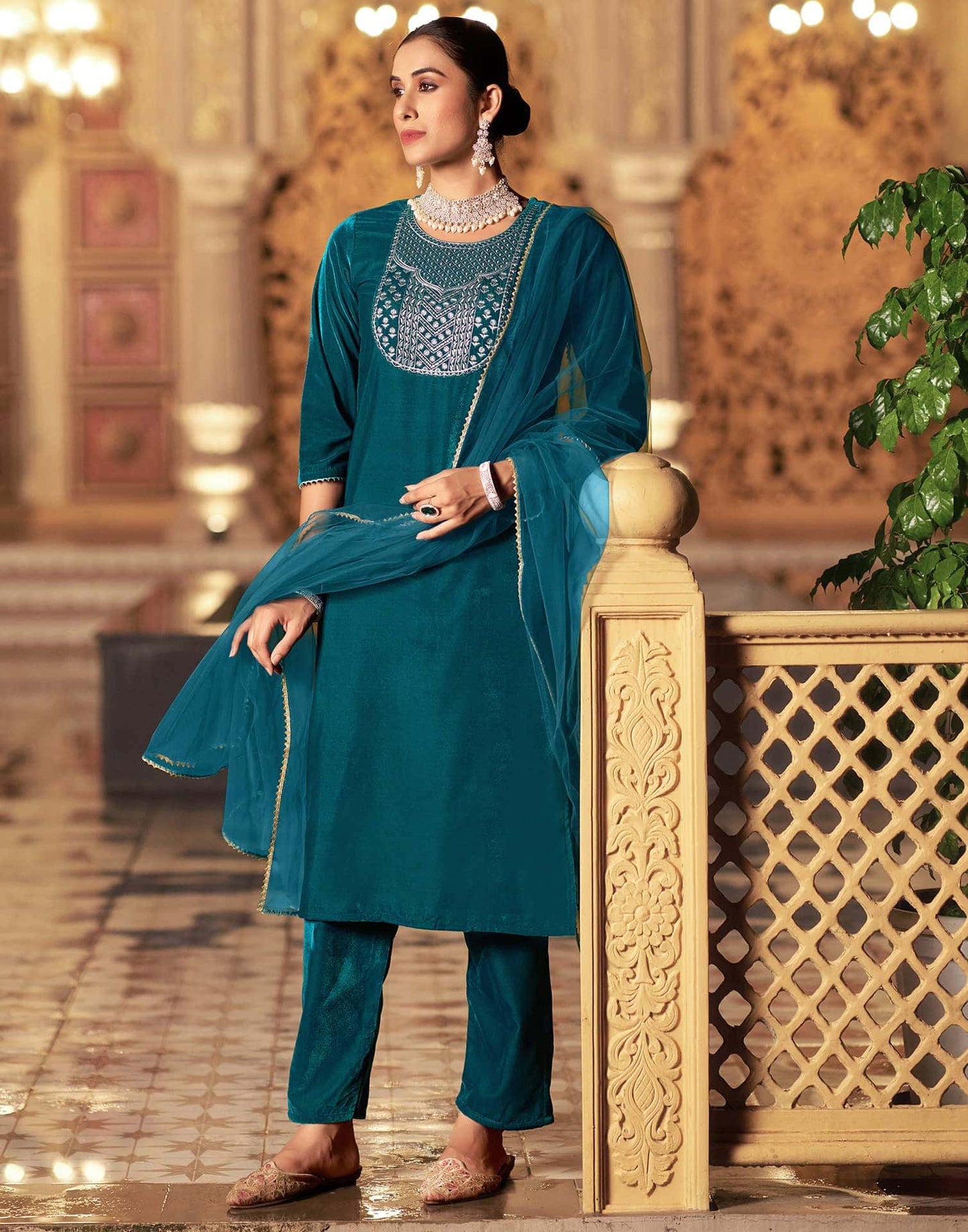 Velvet Sequins, Embroidery and Gota Lace Straight Kurta with Pant & Dupatta