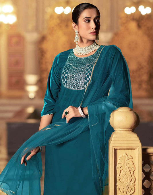 Velvet Sequins, Embroidery and Gota Lace Straight Kurta with Pant & Dupatta