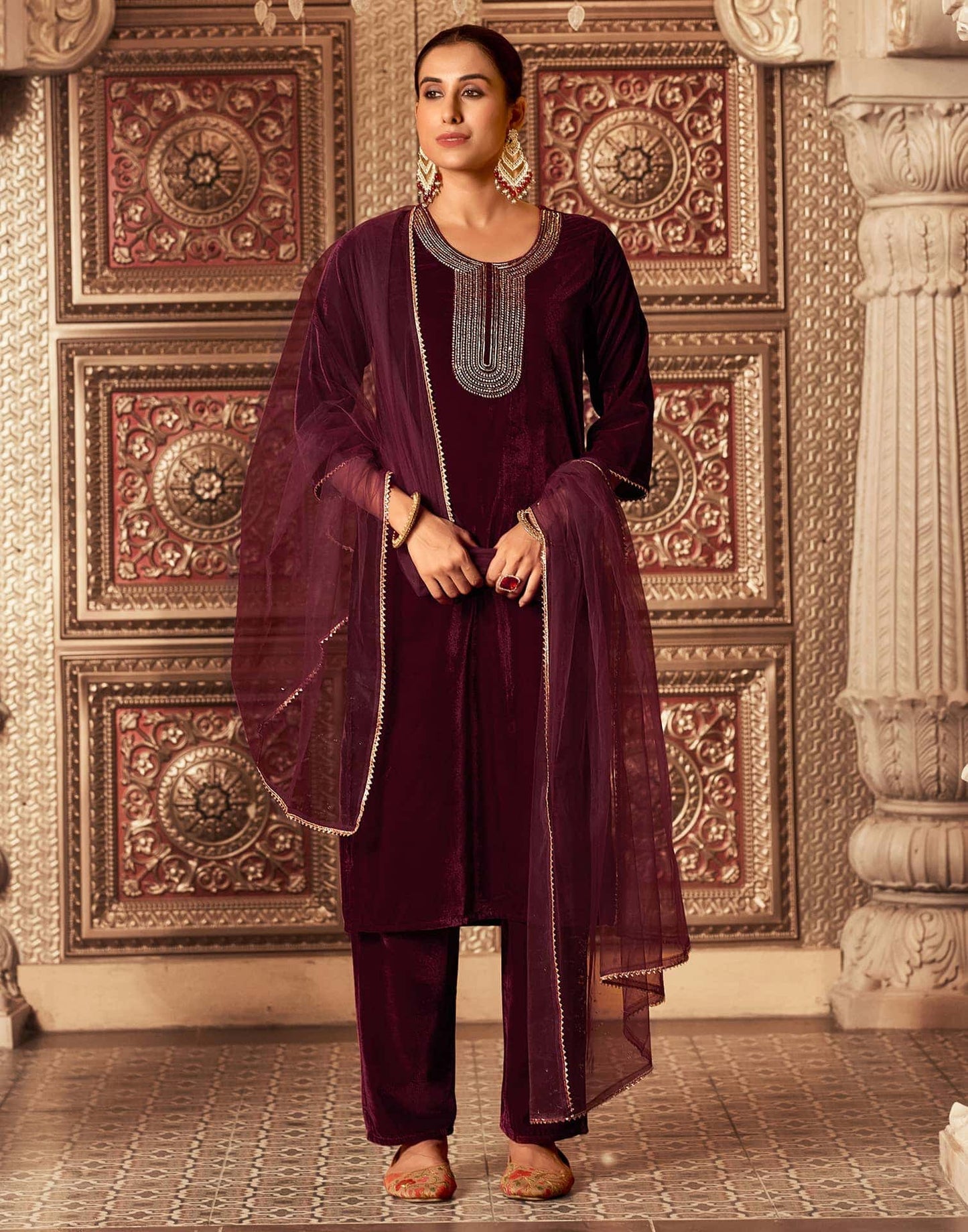 Velvet Sequins, Embroidery and Gota Lace Straight Kurta with Pant & Dupatta