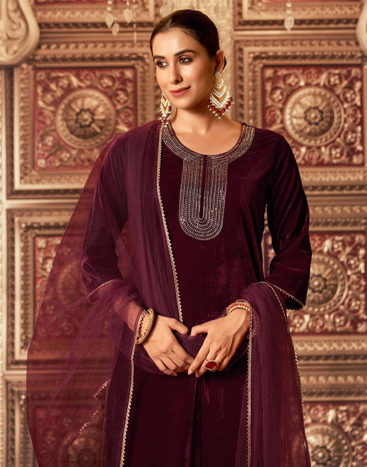 Velvet Sequins, Embroidery and Gota Lace Straight Kurta with Pant & Dupatta