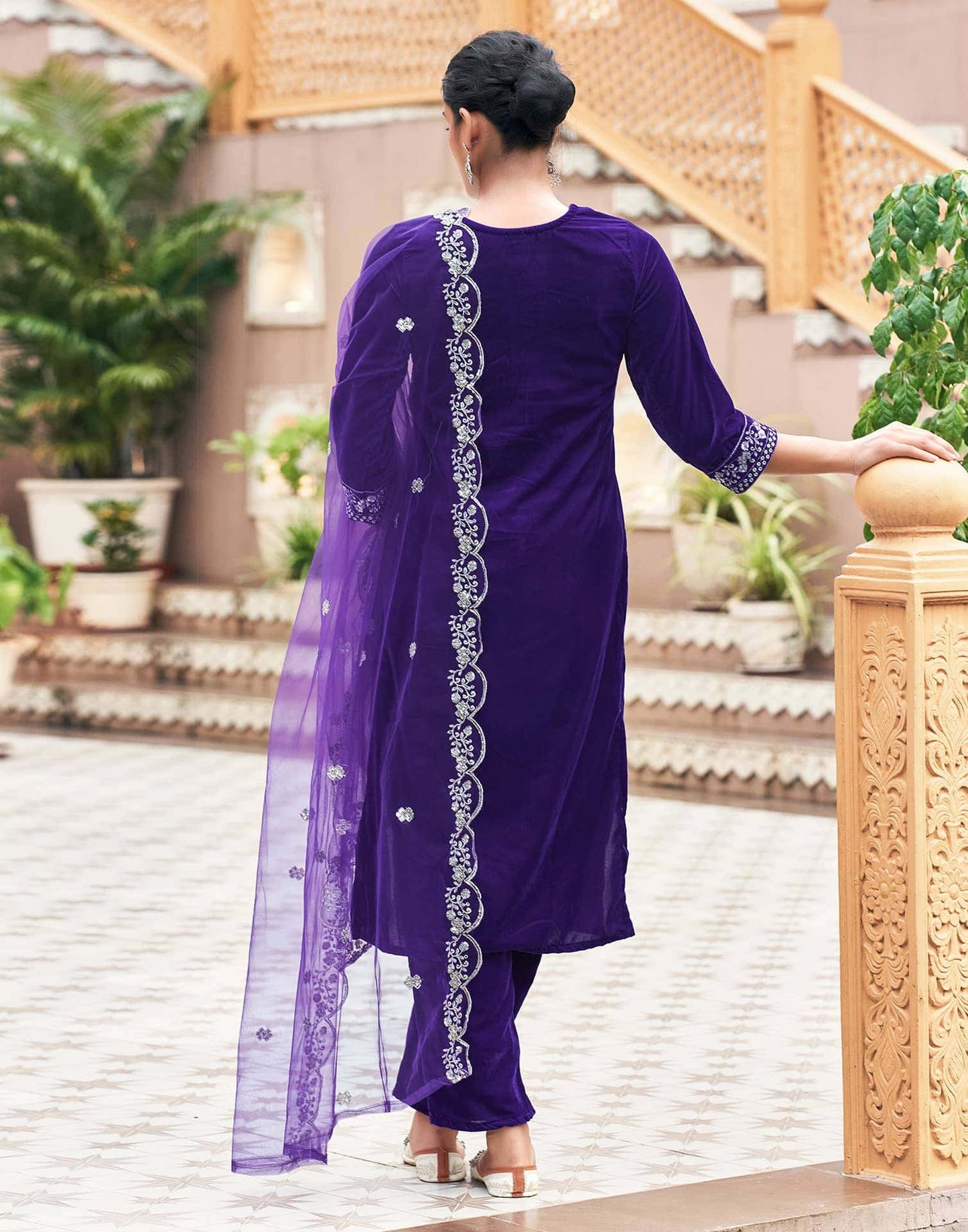 Velvet Sequins, Embroidery and Embroidery Lace Straight Kurta with Pant & Dupatta