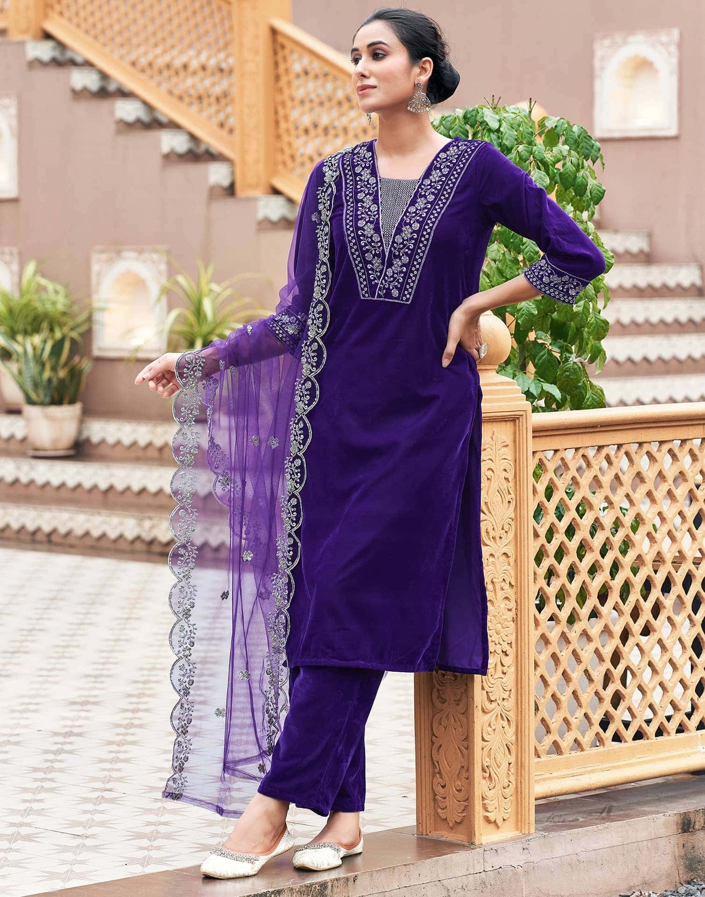 Velvet Sequins, Embroidery and Embroidery Lace Straight Kurta with Pant & Dupatta