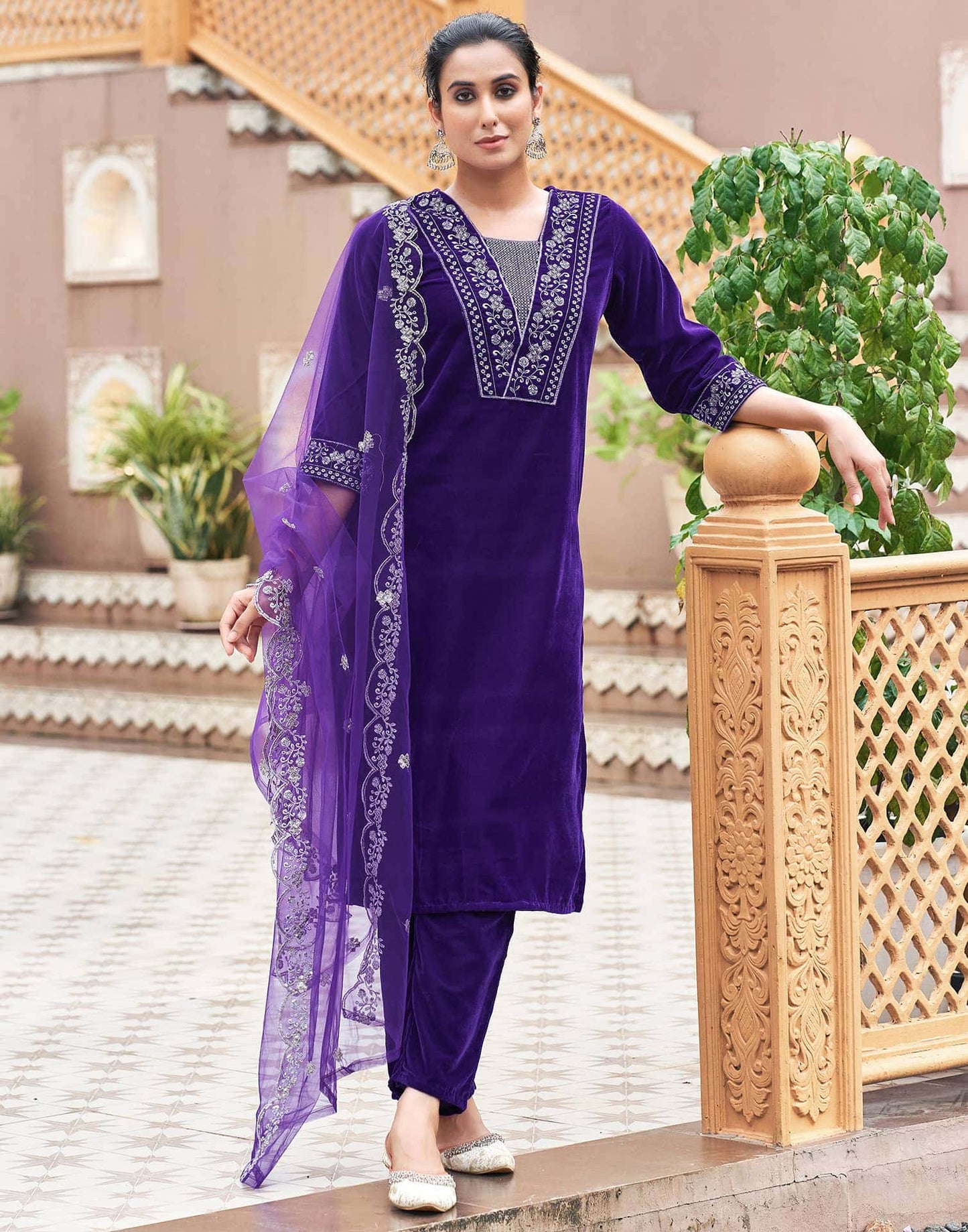 Velvet Sequins, Embroidery and Embroidery Lace Straight Kurta with Pant & Dupatta