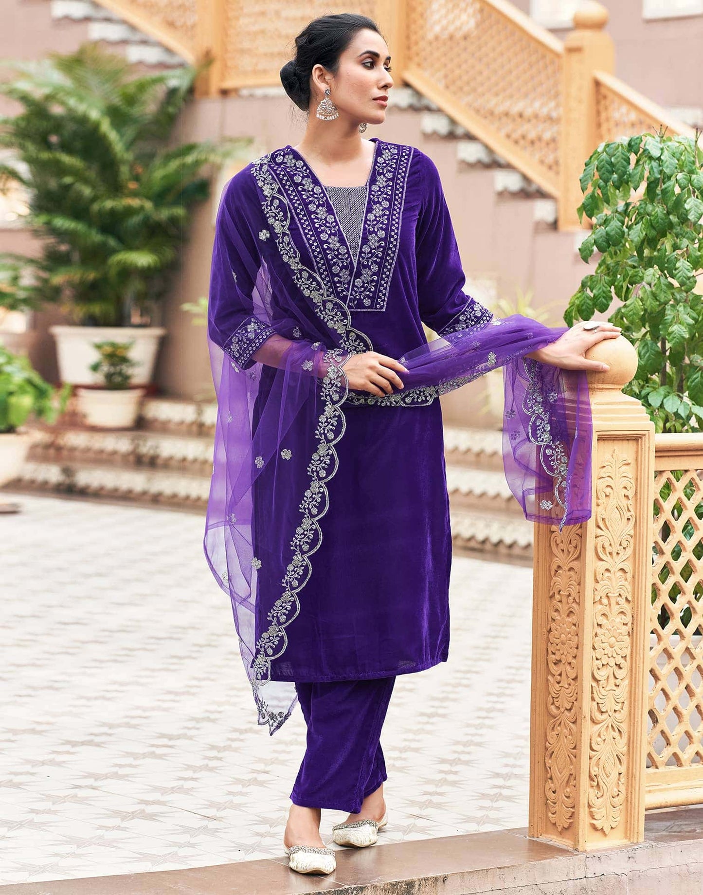 Velvet Sequins, Embroidery and Embroidery Lace Straight Kurta with Pant & Dupatta