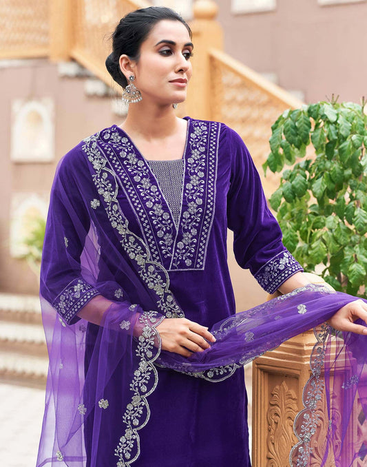 Velvet Sequins, Embroidery and Embroidery Lace Straight Kurta with Pant & Dupatta