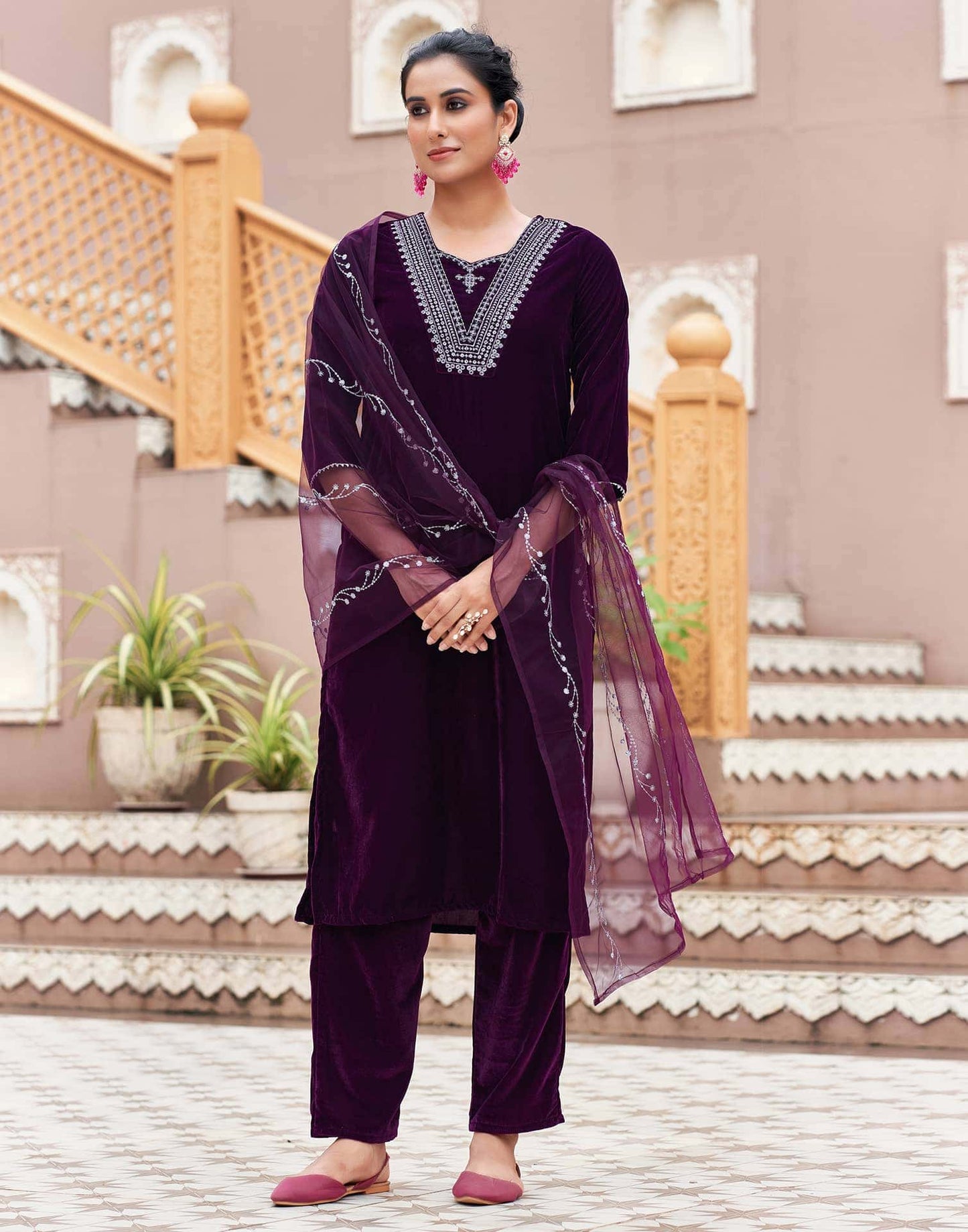 Velvet Sequins, Embroidery and Gota Lace Straight Kurta with Pant & Dupatta
