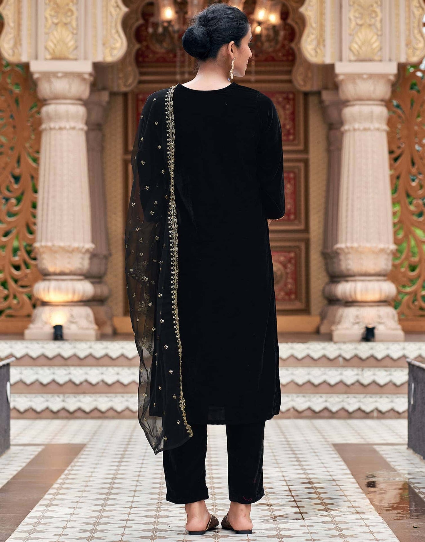 Velvet Sequins, Embroidery and Gota Lace Straight Kurta with Pant & Dupatta