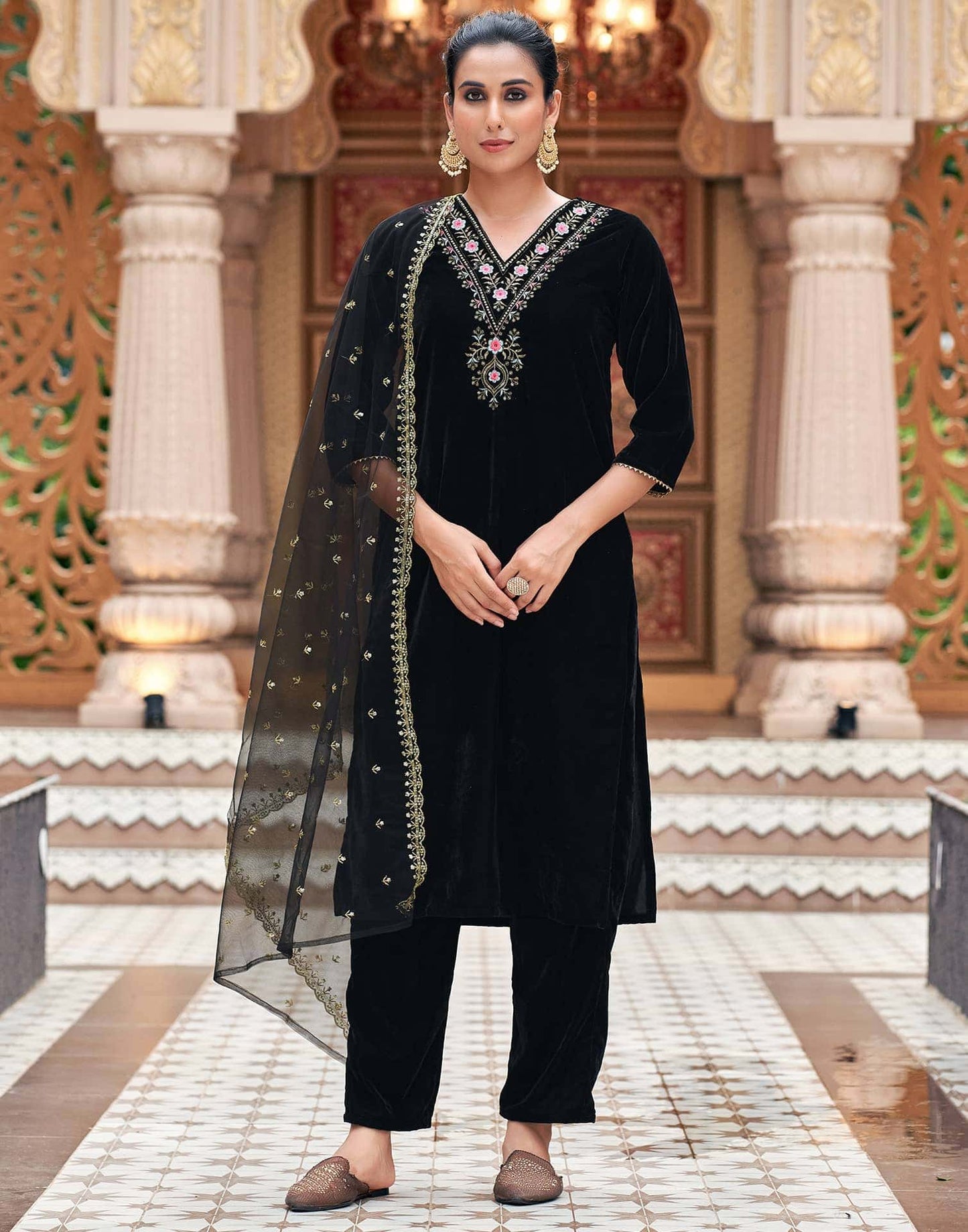 Velvet Sequins, Embroidery and Gota Lace Straight Kurta with Pant & Dupatta