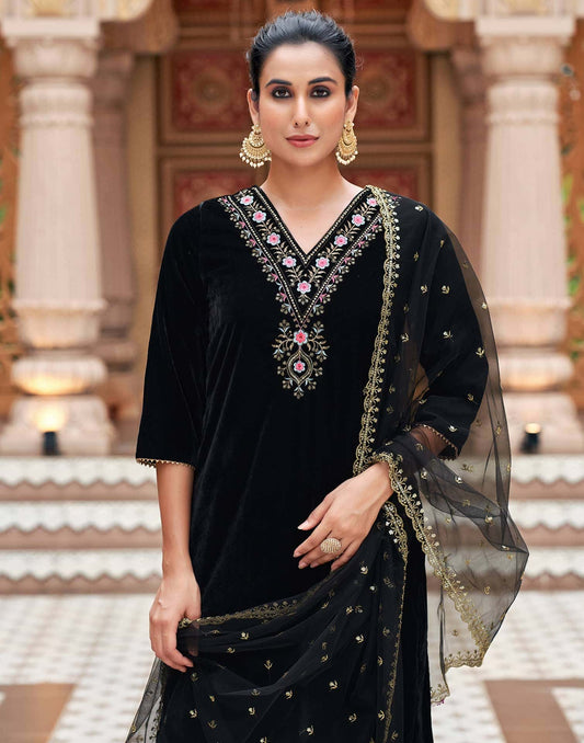 Velvet Sequins, Embroidery and Gota Lace Straight Kurta with Pant & Dupatta
