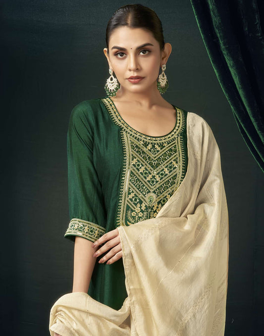 Silk Blend Embroidered Straight Kurta with Pant & Dupatta