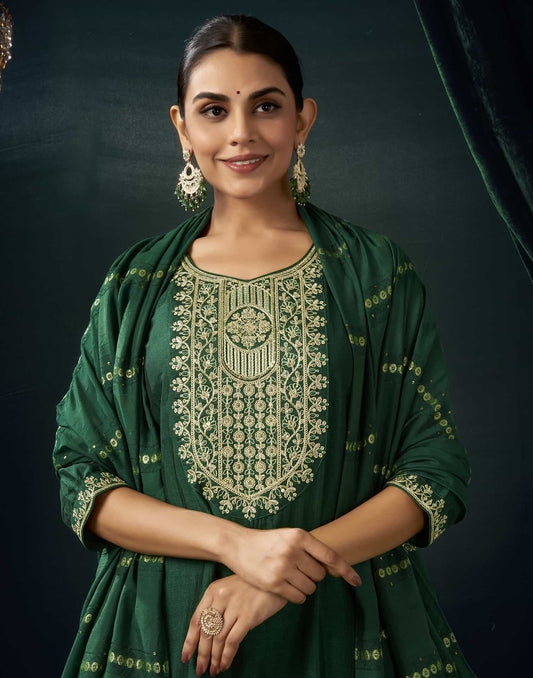 Silk Blend Embroidered Straight Kurta with Pant & Dupatta