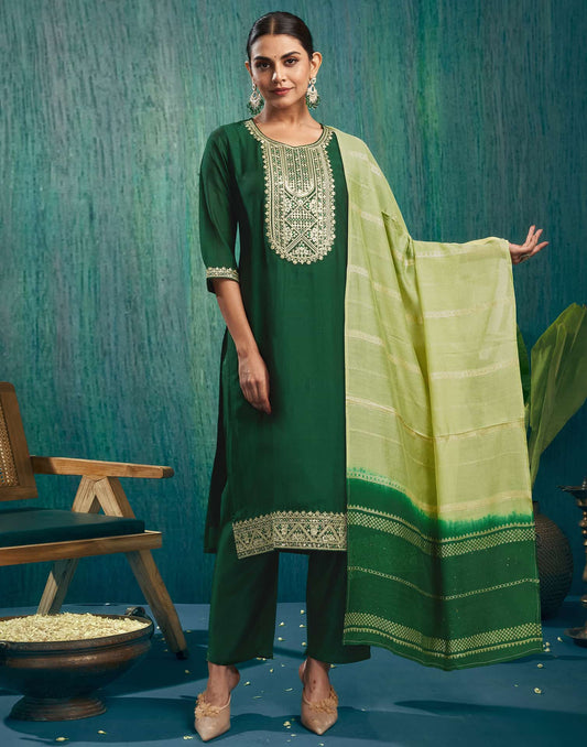 Silk Blend Embroidered Straight Kurta with Pant & Dupatta
