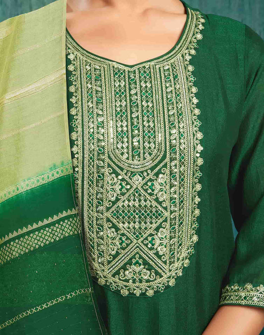 Silk Blend Embroidered Straight Kurta with Pant & Dupatta