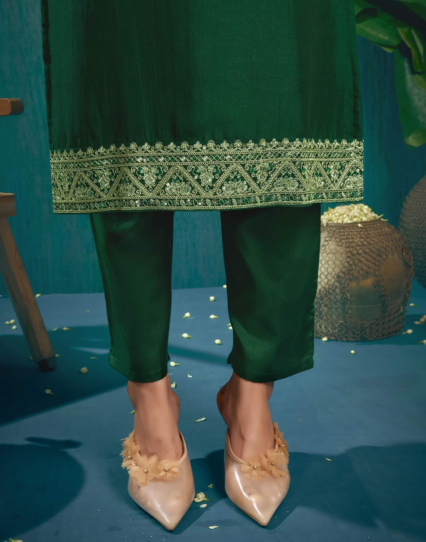 Silk Blend Embroidered Straight Kurta with Pant & Dupatta