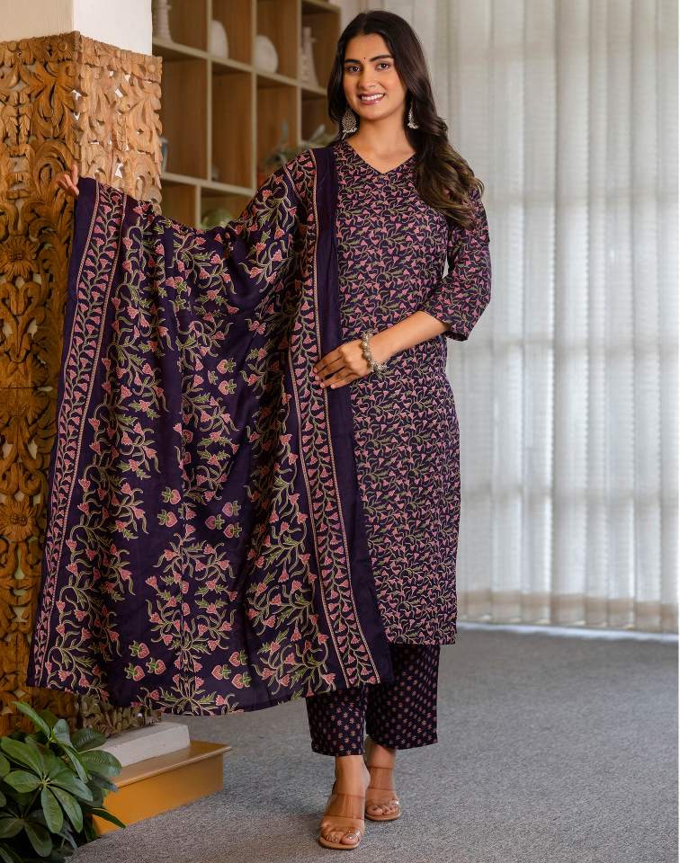 Dark Purple Silk Floral Printed V Neck 3/4 Sleeve Straight Kurta Set With Pant & Dupatta