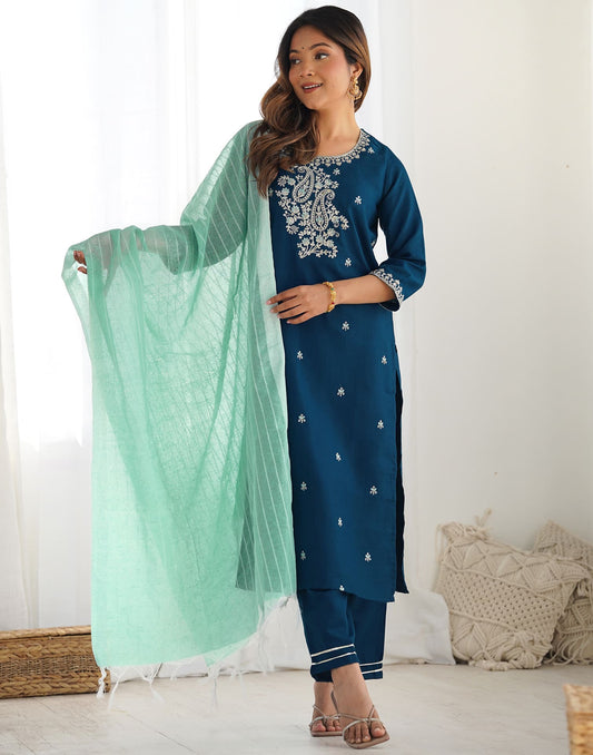 Cotton Blend Sequence, Embroidery and Lace Straight Kurta with Pant & Dupatta