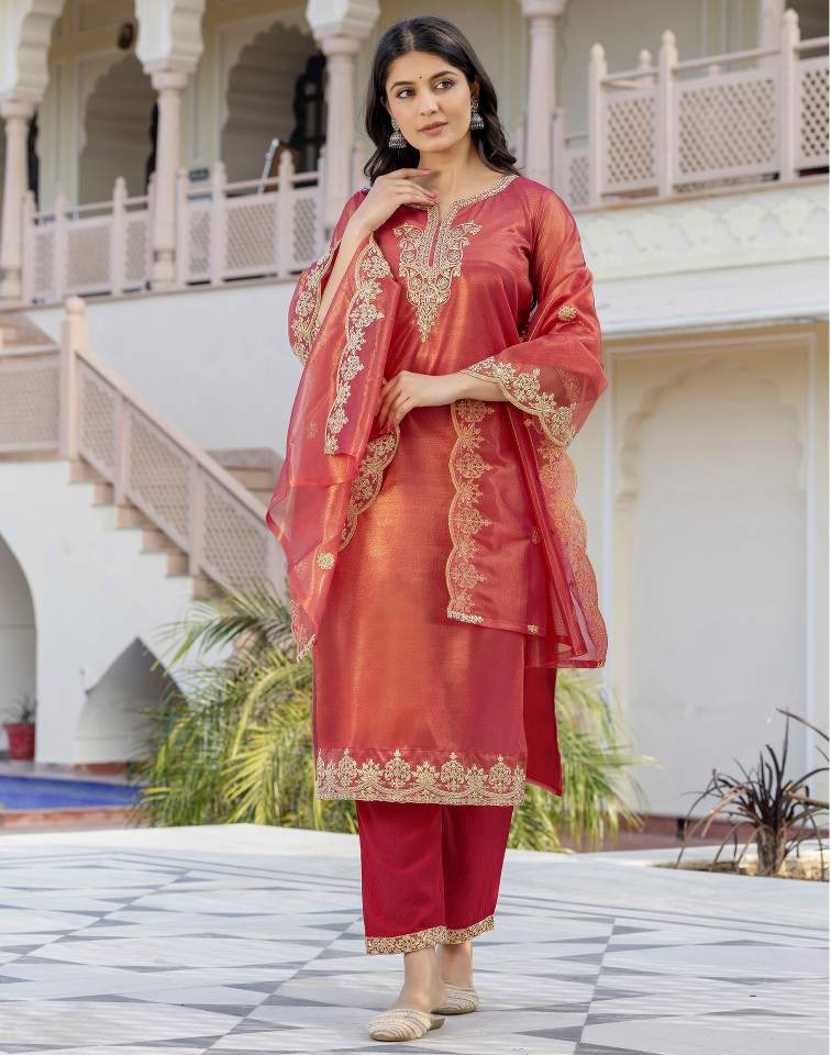 Rani Pink Silk Embroidered Sweetheart Neck 3/4 Sleeve Straight Kurta Set With Pant & Dupatta