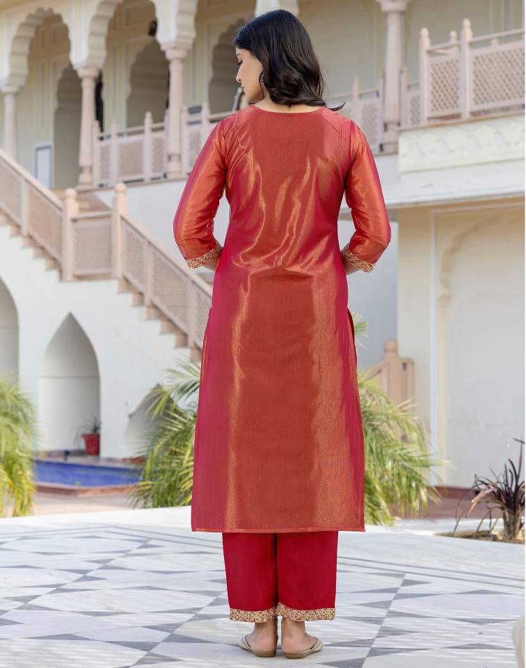 Rani Pink Silk Embroidered Sweetheart Neck 3/4 Sleeve Straight Kurta Set With Pant & Dupatta