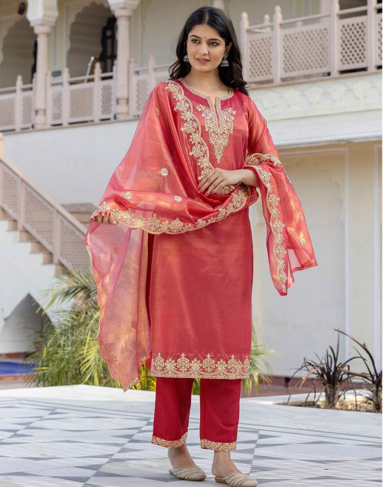 Rani Pink Silk Embroidered Sweetheart Neck 3/4 Sleeve Straight Kurta Set With Pant & Dupatta