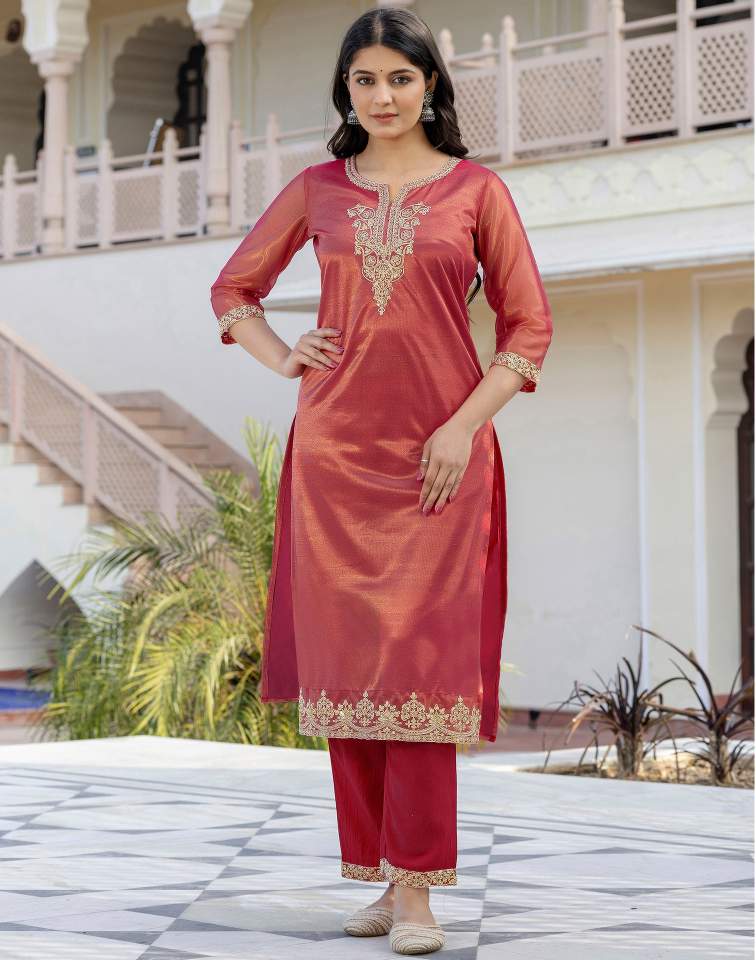Rani Pink Silk Embroidered Sweetheart Neck 3/4 Sleeve Straight Kurta Set With Pant & Dupatta