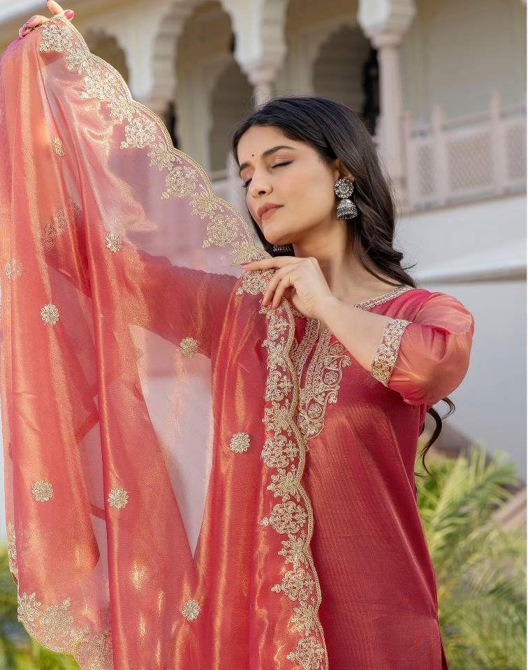 Rani Pink Silk Embroidered Sweetheart Neck 3/4 Sleeve Straight Kurta Set With Pant & Dupatta