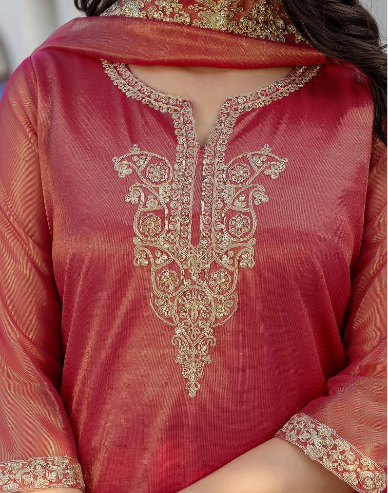 Rani Pink Silk Embroidered Sweetheart Neck 3/4 Sleeve Straight Kurta Set With Pant & Dupatta