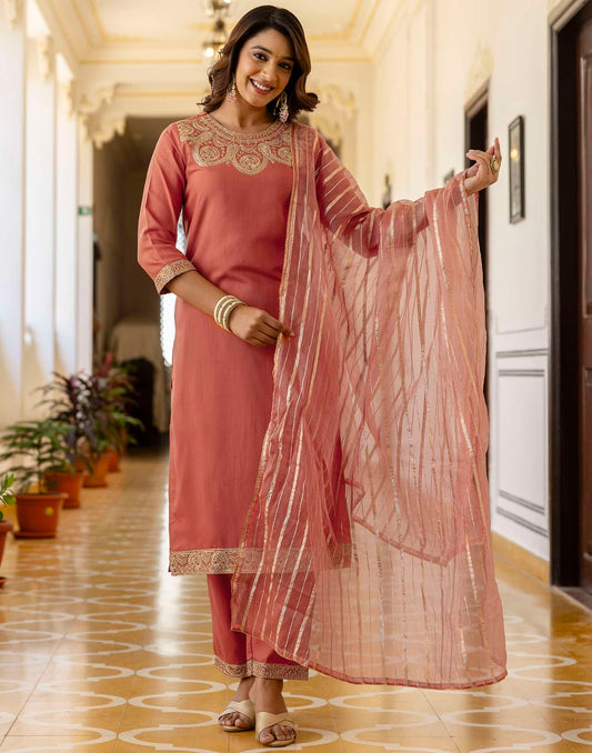 Cotton Blend Sequence, Embroidery and Lace Straight Kurta with Pant & Dupatta