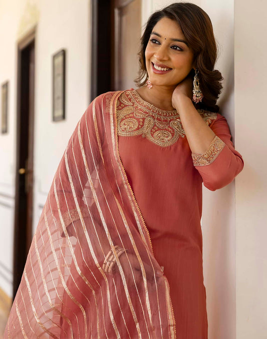 Cotton Blend Sequence, Embroidery and Lace Straight Kurta with Pant & Dupatta