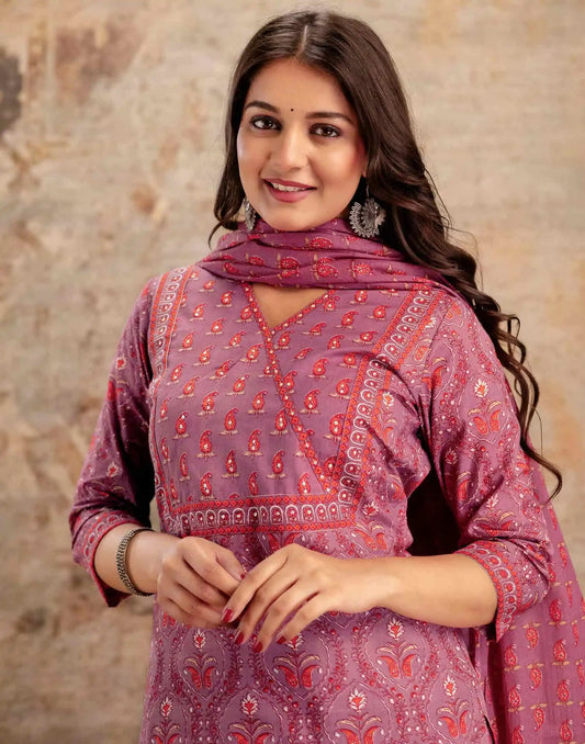 Purple Cotton Printed V-Neck Kurta Set with Pant & Dupatta Affordable Ethnic & Casual Wear