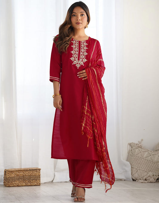 Cotton Blend Sequence, Embroidery and Lace Straight Kurta with Pant & Dupatta
