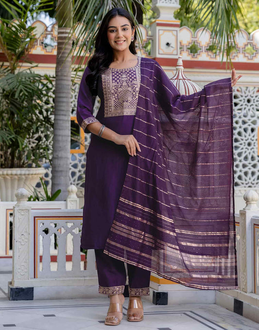 Silk Blend Weaving and Lace Straight Kurta with Pant & Dupatta
