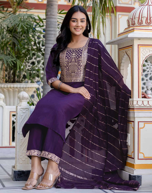 Silk Blend Weaving and Lace Straight Kurta with Pant & Dupatta