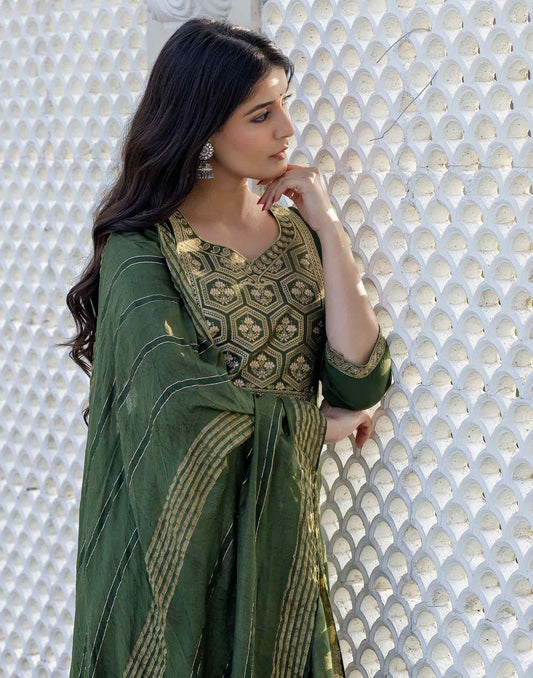 Silk Blend Weaving and Lace Straight Kurta with Pant & Dupatta