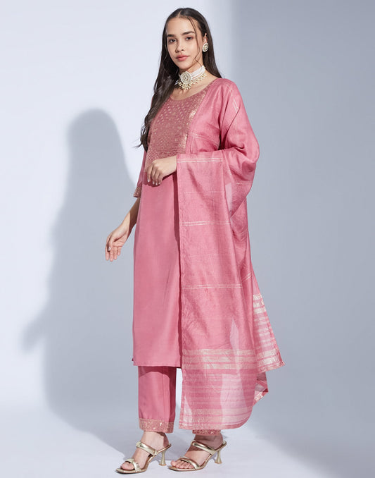 Silk Blend Weaving and Lace Straight Kurta with Pant & Dupatta