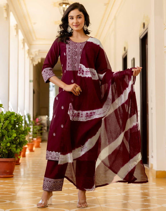 Silk Blend Pigment Printed and Printed Lace Straight Kurta with Pant & Dupatta