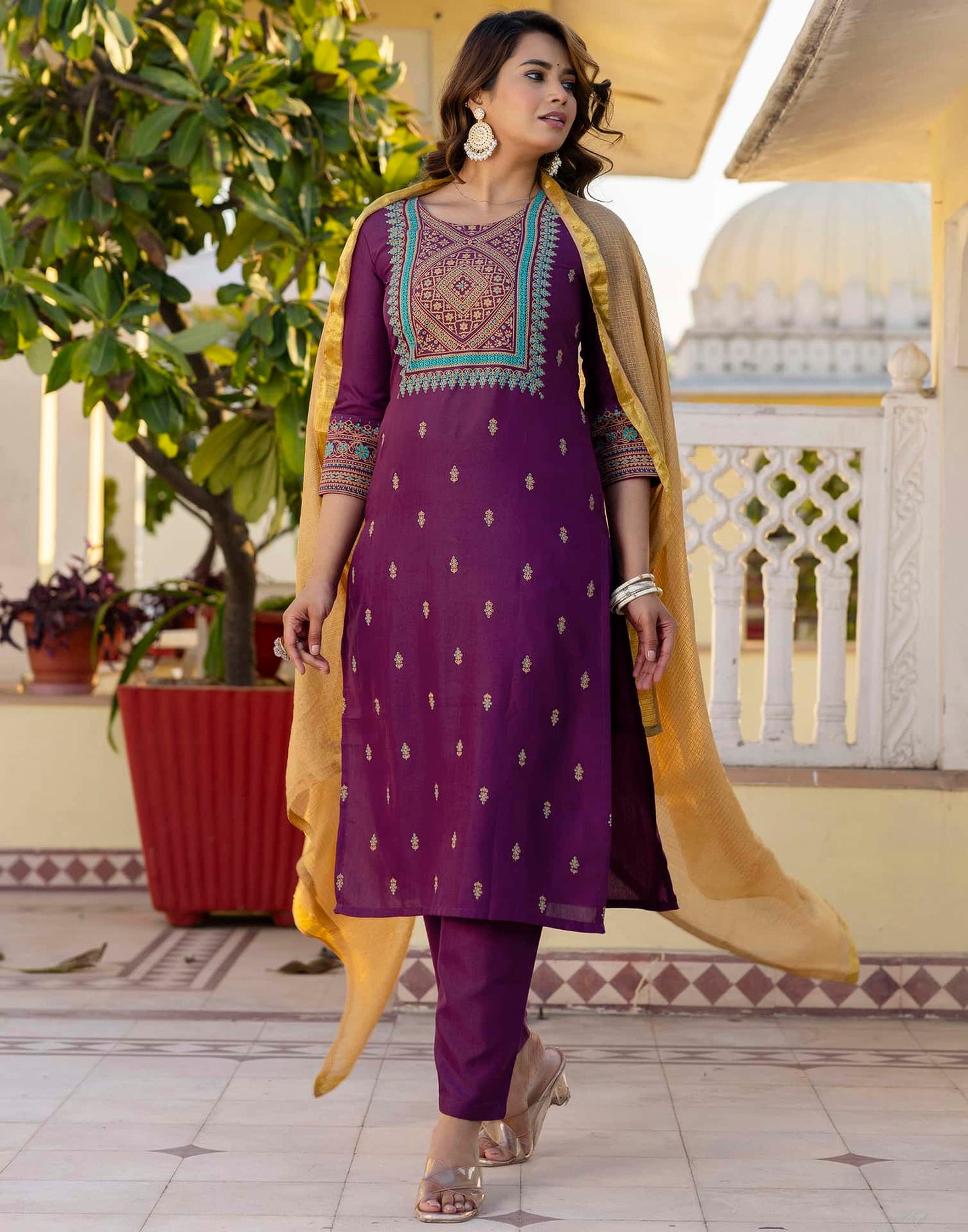 Cotton Blend Table Print Straight Kurta with Pant & Dupatta