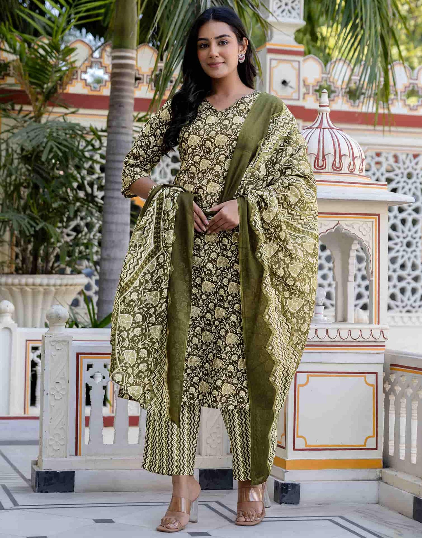 Cotton Blend Printed and Foil Print Straight Kurta with Pant & Dupatta