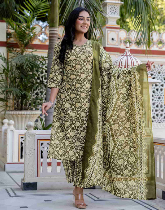 Cotton Blend Printed and Foil Print Straight Kurta with Pant & Dupatta