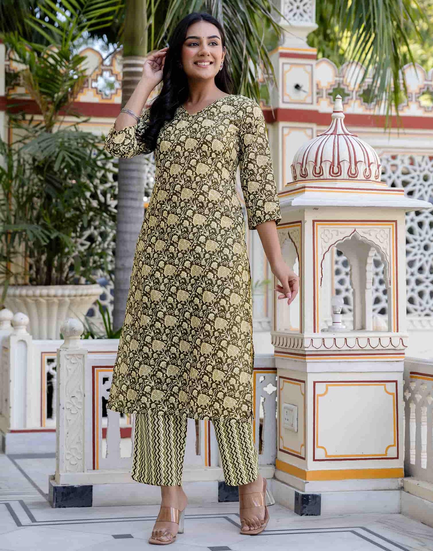 Cotton Blend Printed and Foil Print Straight Kurta with Pant & Dupatta