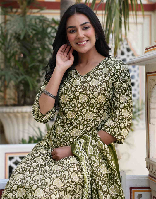 Cotton Blend Printed and Foil Print Straight Kurta with Pant & Dupatta