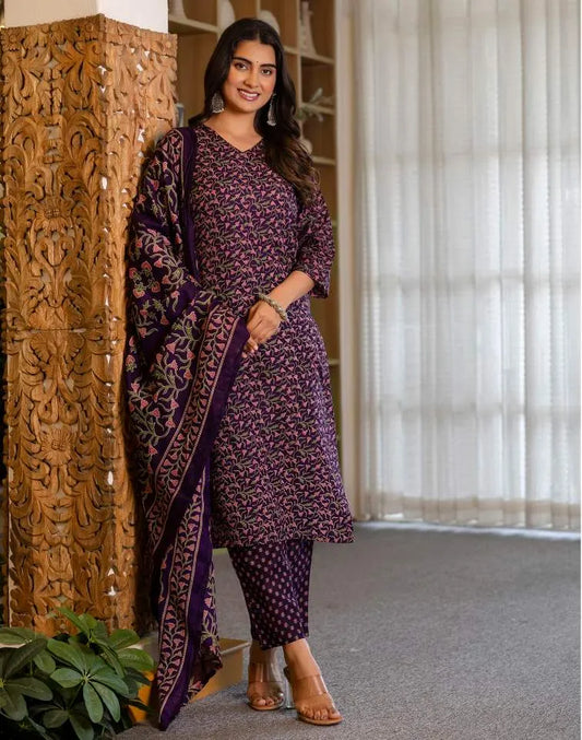 Affordable Dark Purple Floral Kurta Set with dupatta