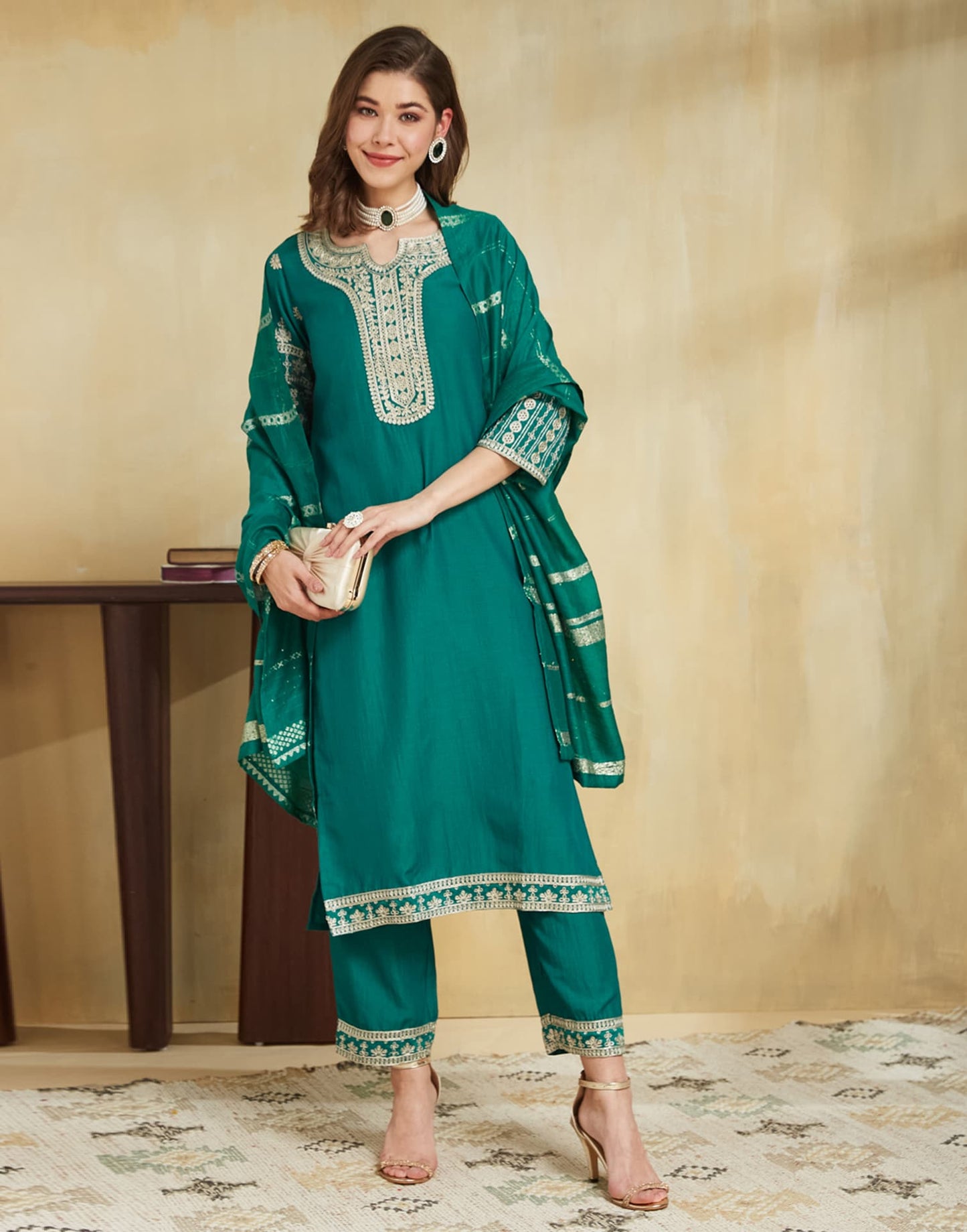 Silk Blend Embroidery Work and Embroidery Lace Straight Kurta with Pant & Dupatta