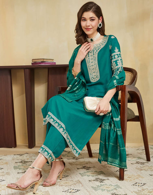 Silk Blend Embroidery Work and Embroidery Lace Straight Kurta with Pant & Dupatta