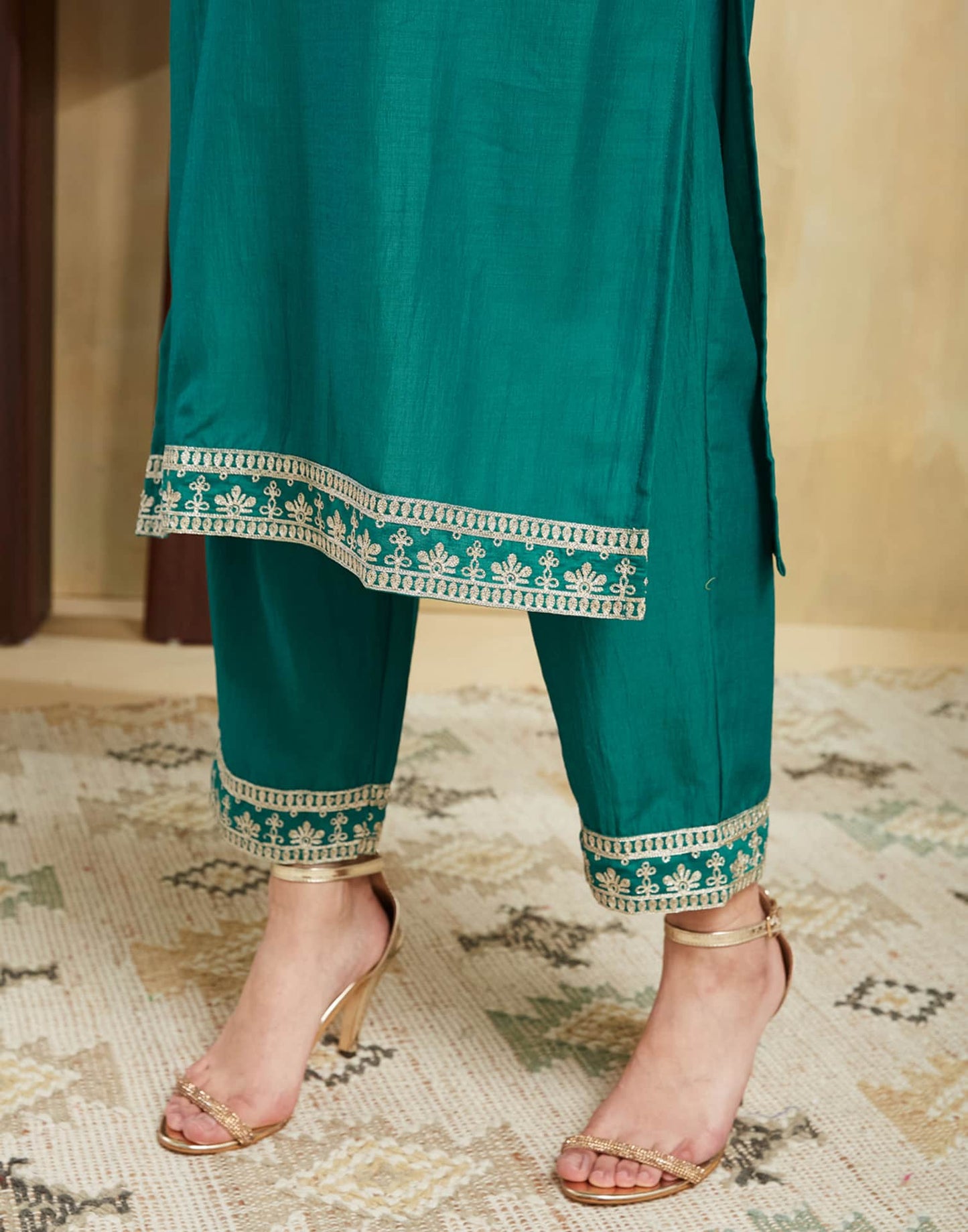 Silk Blend Embroidery Work and Embroidery Lace Straight Kurta with Pant & Dupatta