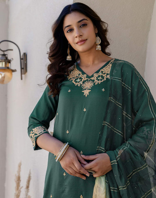 Silk Blend Embroidery, Sequin Work and Embroidery Lace Straight Kurta with Pant & Dupatta