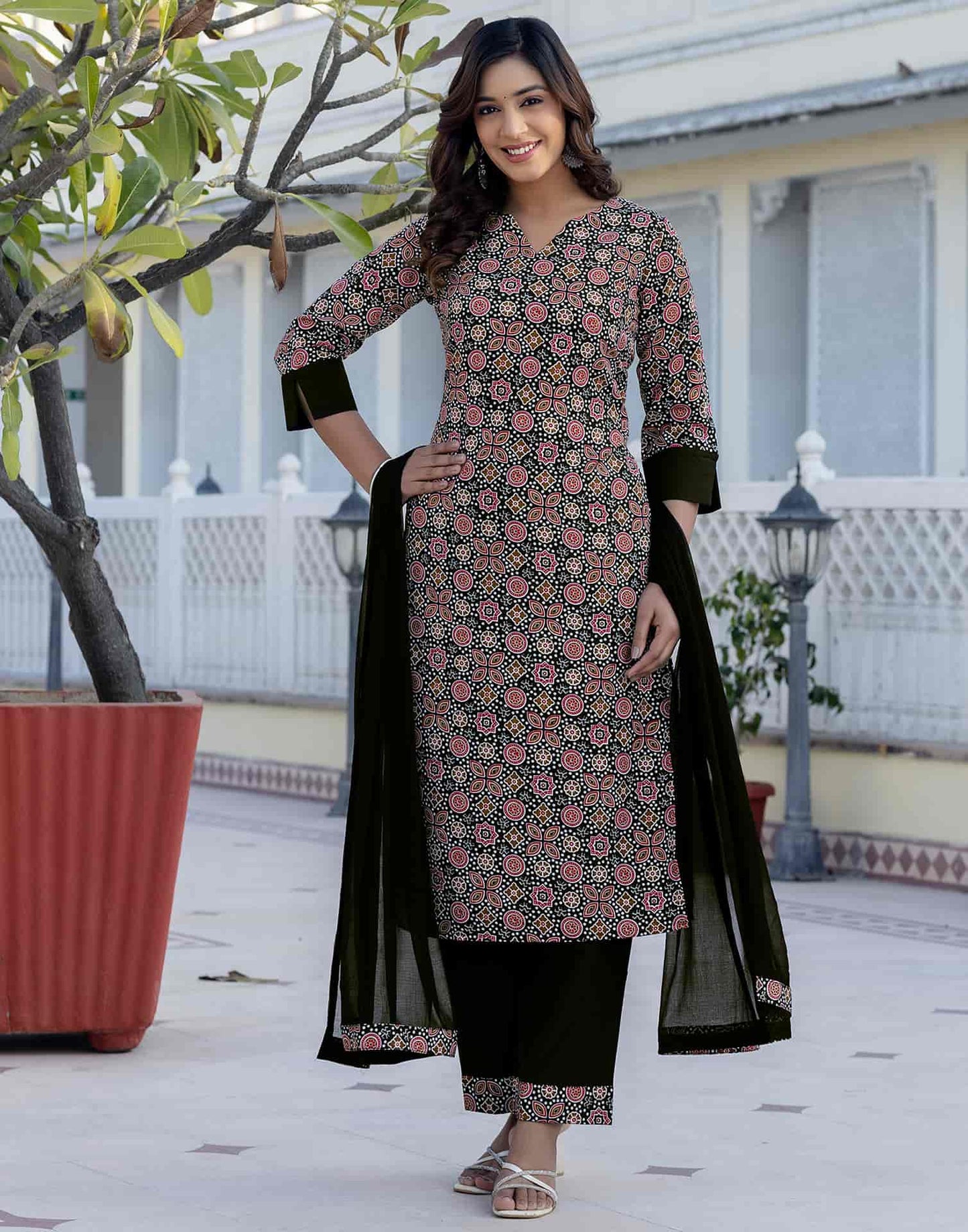 Crepe Floral Printed Straight Kurta with Pant & Dupatta