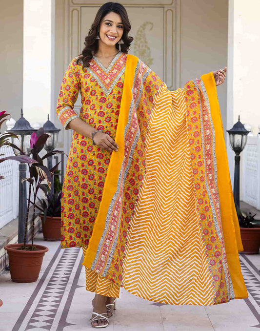 Cotton Blend Foil Printed and Printed Lace Straight Kurta with Pant & Dupatta