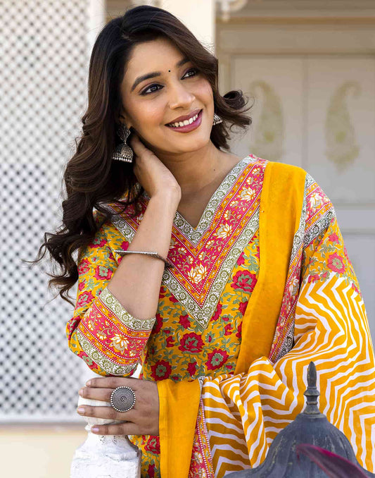 Cotton Blend Foil Printed and Printed Lace Straight Kurta with Pant & Dupatta